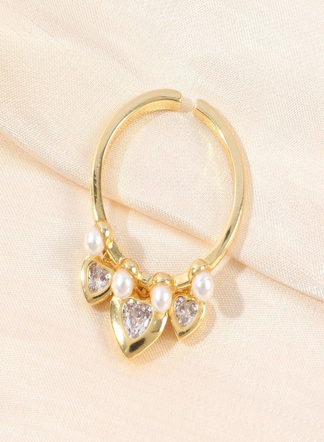 MOONWALTZ Gold Pearl Heart Ring for Women - 14K Gold Plated Dangle Charm, Elegant Open Adjustable Cubic Zirconia Statement Ring With Pearl - Wedding Summer Party Trendy Jewelry Gift - Image 4